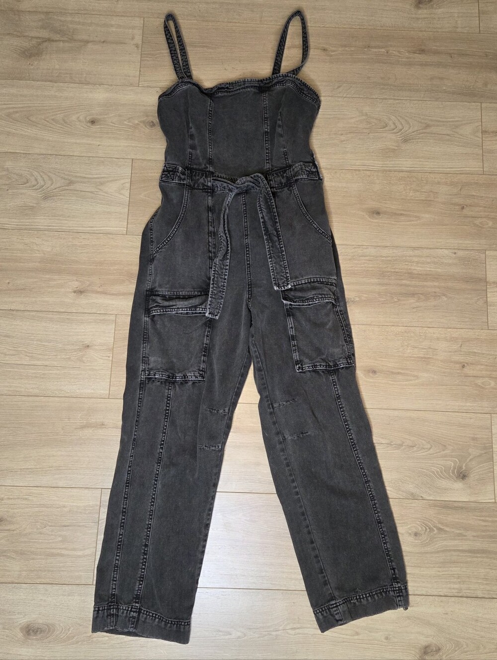 Free People Go West Utility Jumpsuit Washed Black Cargo Tie Waist Cutout Back L
